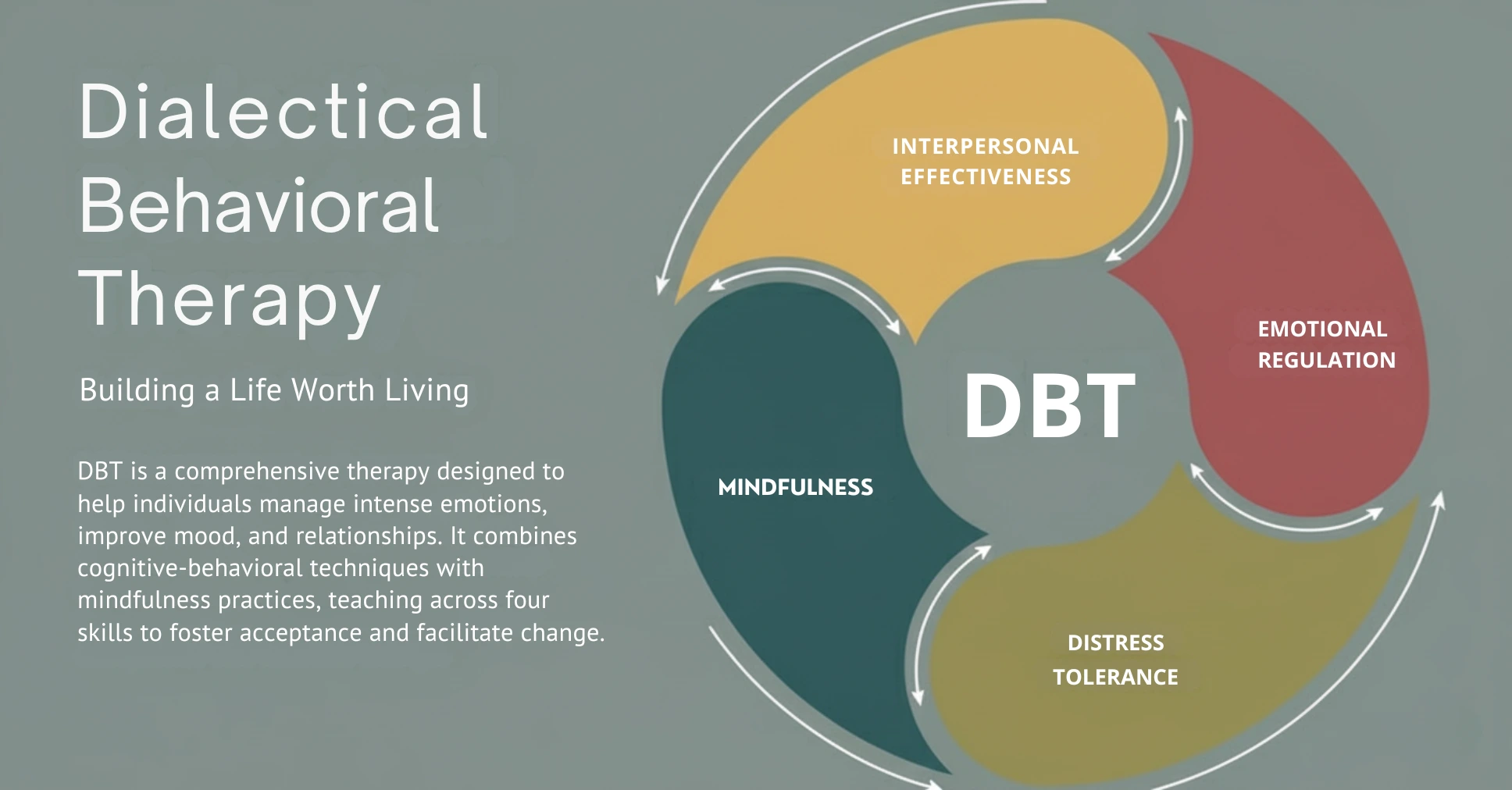 DBT infographic showing the four core skills: Mindfulness, Interpersonal Effectiveness, Emotional Regulation, and Distress Tolerance.