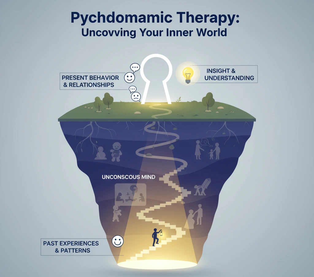 Psychodynamic Therapy illustration of a person descending into the Unconscious Mind to uncover Past Experiences for present Insight.